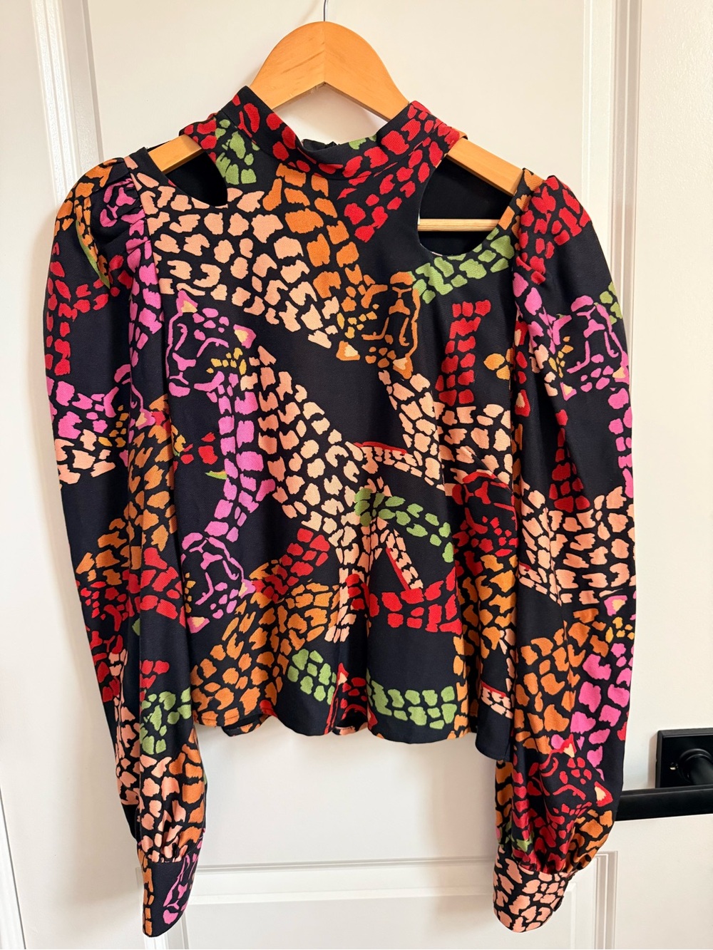 FARM Rio Black Multicolor Cutout High-Neck Blouse